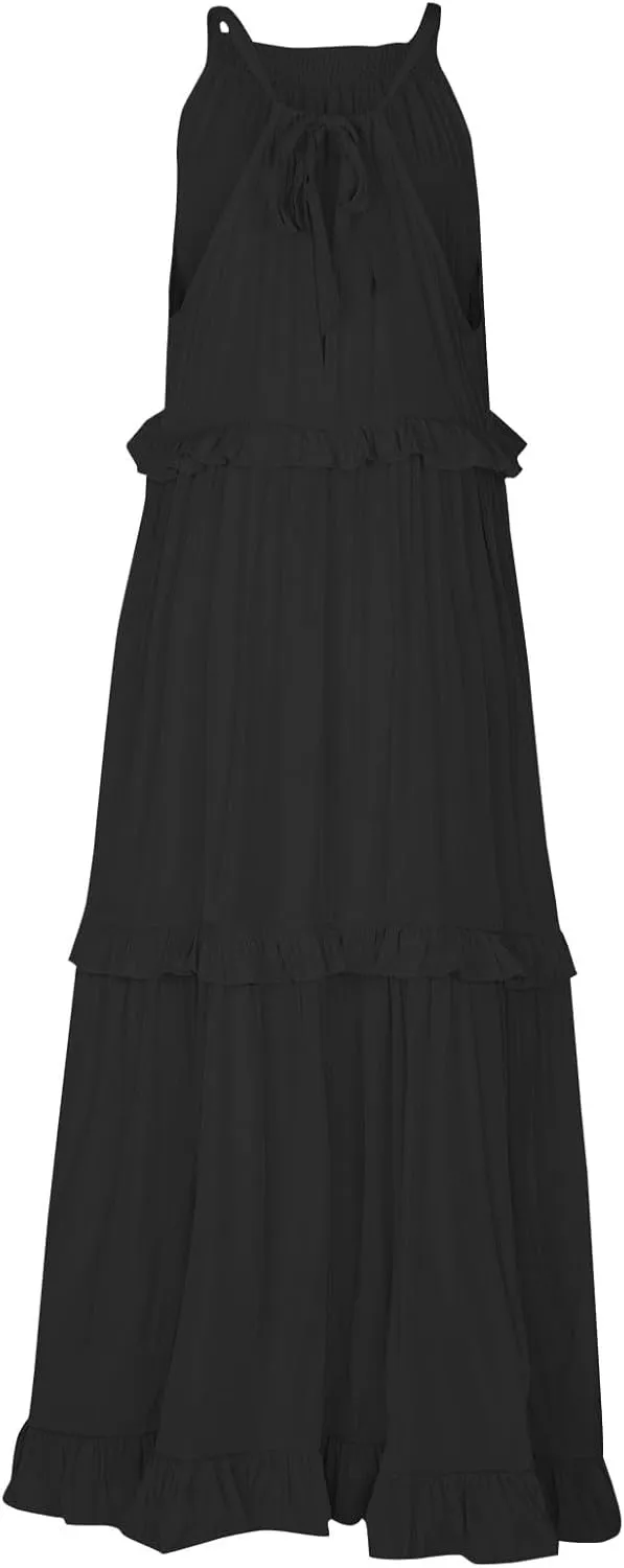 Smocked Dress Women Empire Waist Dress Halter Tie Back Loose Flowy Ruffle Tiered Maxi Dress with Pockets