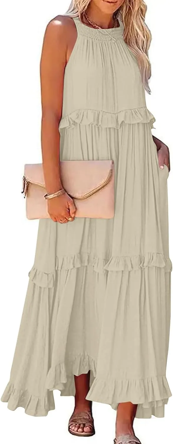 Smocked Dress Women Empire Waist Dress Halter Tie Back Loose Flowy Ruffle Tiered Maxi Dress with Pockets