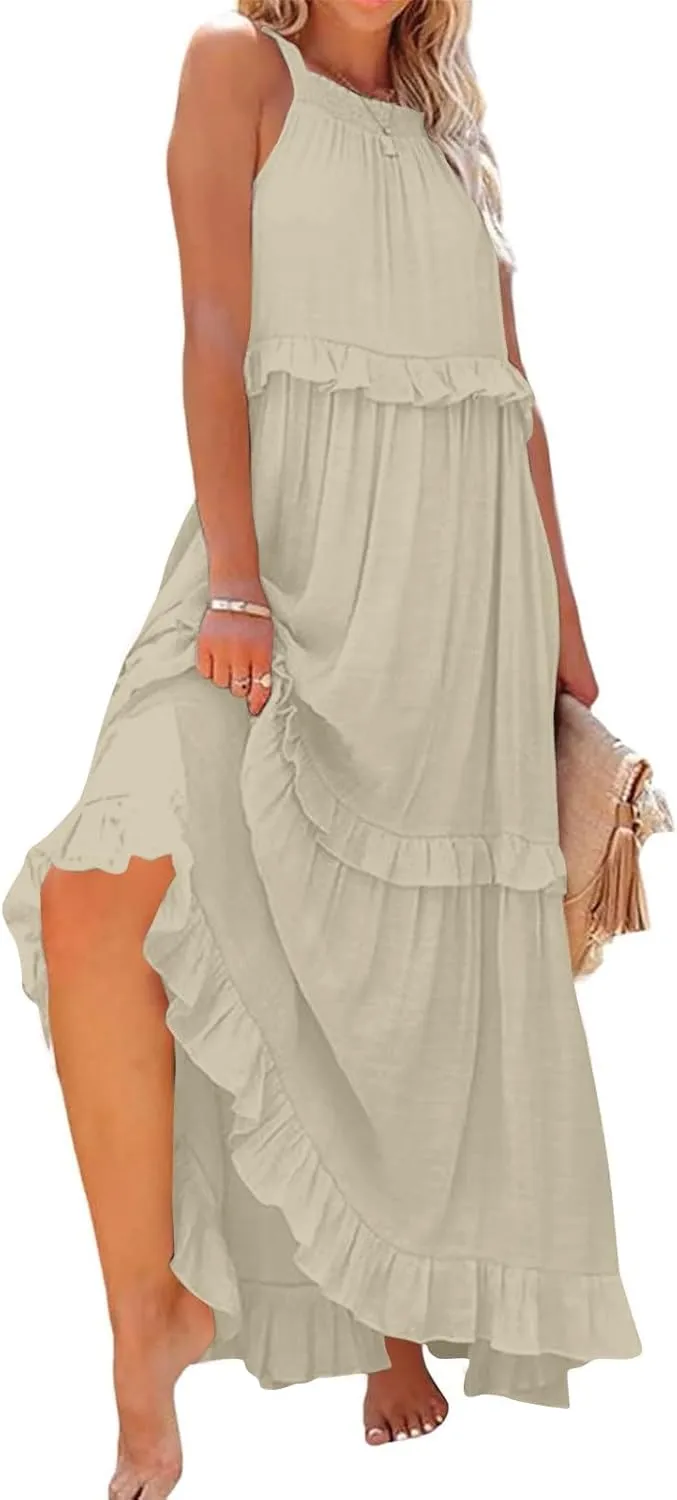Smocked Dress Women Empire Waist Dress Halter Tie Back Loose Flowy Ruffle Tiered Maxi Dress with Pockets