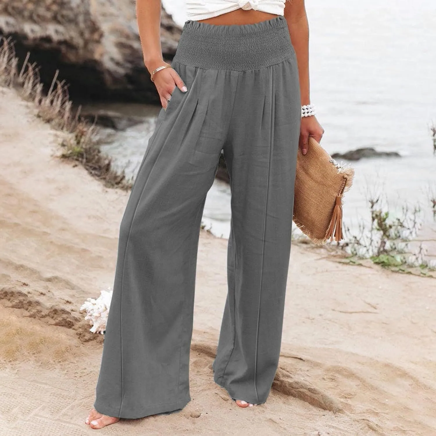 Smocked High Waisted Linen Pants Women Wide Leg Relaxed Fit Palazzo Pants with Pockets Vacation Beach Long Trousers