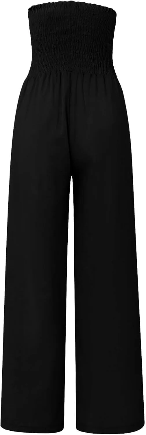 Smocked High Waisted Linen Pants Women Wide Leg Relaxed Fit Palazzo Pants with Pockets Vacation Beach Long Trousers