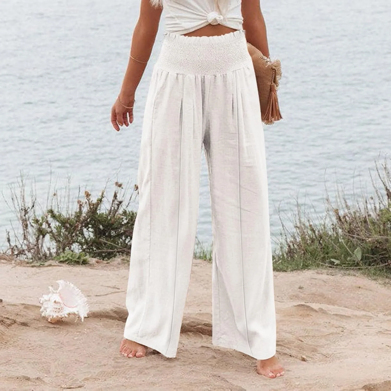 Smocked High Waisted Linen Pants Women Wide Leg Relaxed Fit Palazzo Pants with Pockets Vacation Beach Long Trousers