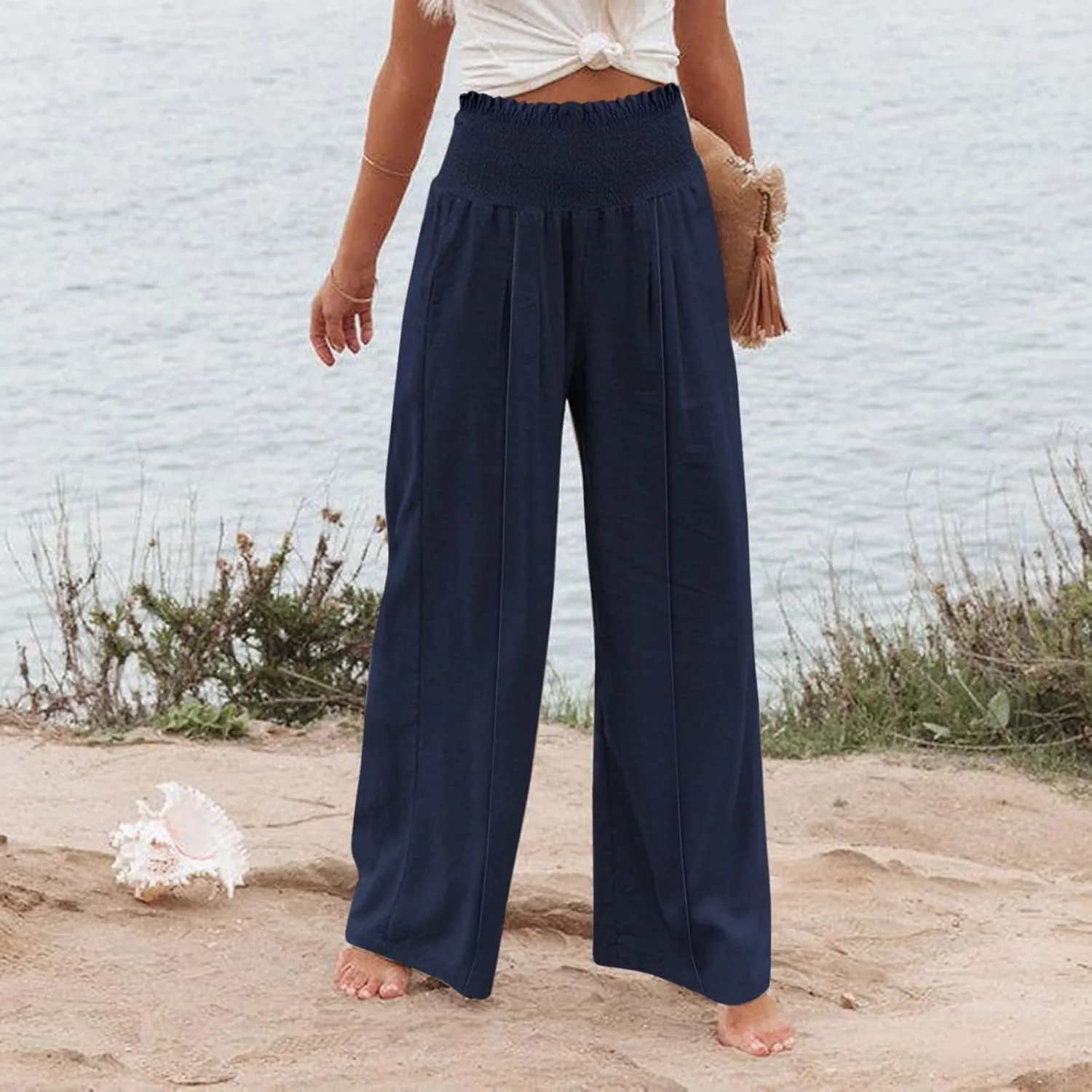 Smocked High Waisted Linen Pants Women Wide Leg Relaxed Fit Palazzo Pants with Pockets Vacation Beach Long Trousers