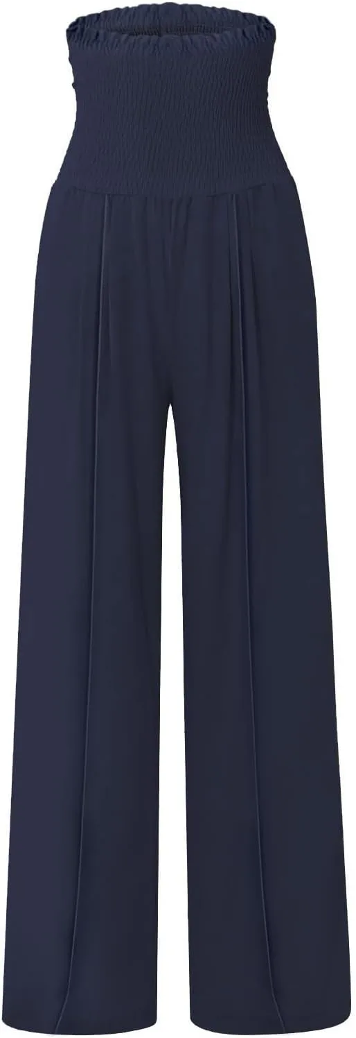 Smocked High Waisted Linen Pants Women Wide Leg Relaxed Fit Palazzo Pants with Pockets Vacation Beach Long Trousers