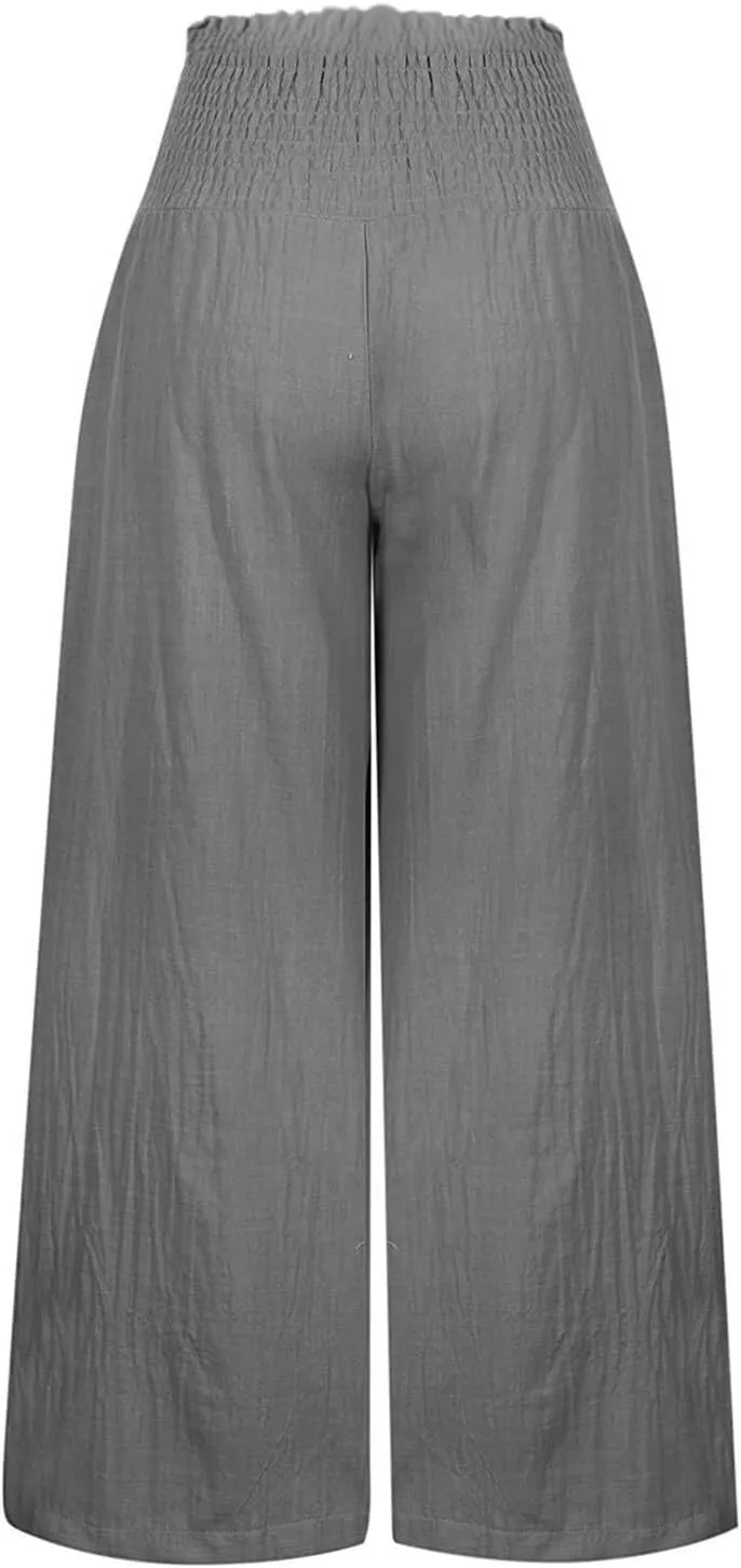 Smocked High Waisted Linen Pants Women Wide Leg Relaxed Fit Palazzo Pants with Pockets Vacation Beach Long Trousers