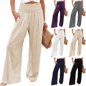 Smocked High Waisted Linen Pants Women Wide Leg Relaxed Fit Palazzo Pants with Pockets Vacation Beach Long Trousers