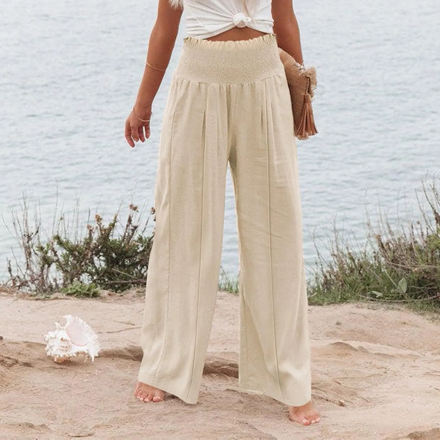 Smocked High Waisted Linen Pants Women Wide Leg Relaxed Fit Palazzo Pants with Pockets Vacation Beach Long Trousers