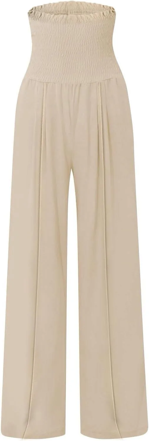 Smocked High Waisted Linen Pants Women Wide Leg Relaxed Fit Palazzo Pants with Pockets Vacation Beach Long Trousers