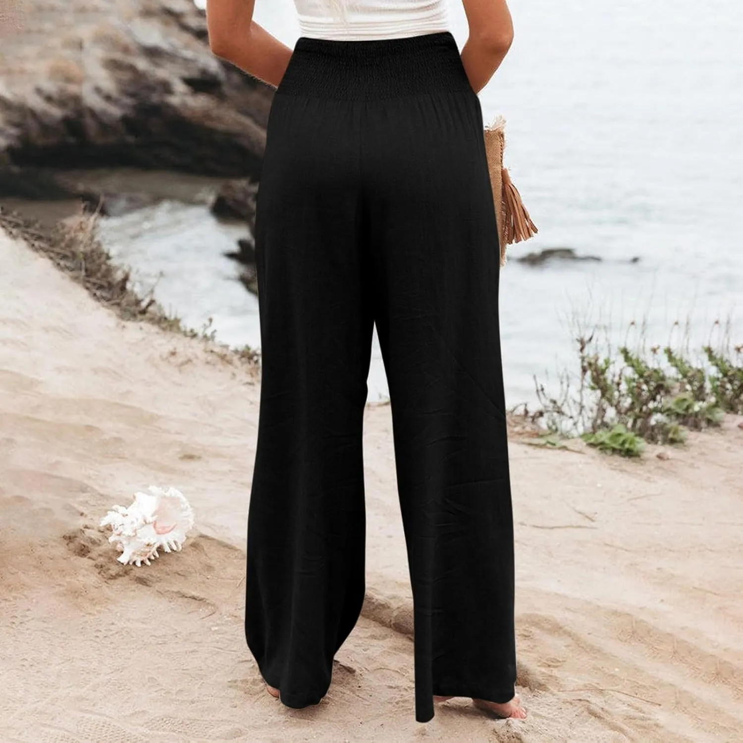 Smocked High Waisted Linen Pants Women Wide Leg Relaxed Fit Palazzo Pants with Pockets Vacation Beach Long Trousers