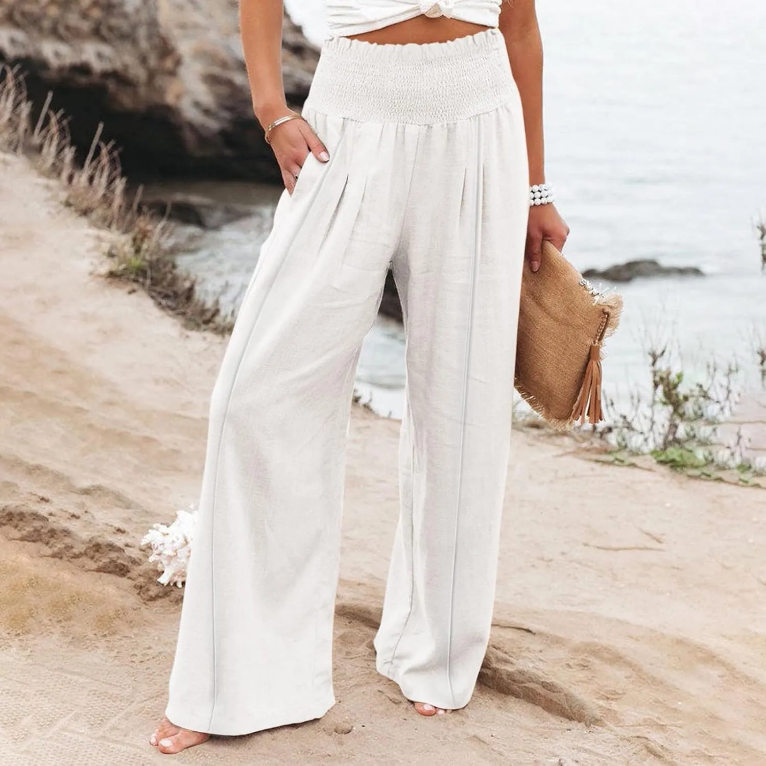 Smocked High Waisted Linen Pants Women Wide Leg Relaxed Fit Palazzo Pants with Pockets Vacation Beach Long Trousers