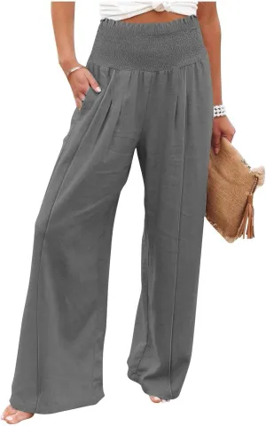 Smocked High Waisted Linen Pants Women Wide Leg Relaxed Fit Palazzo Pants with Pockets Vacation Beach Long Trousers