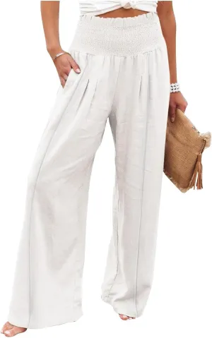 Smocked High Waisted Linen Pants Women Wide Leg Relaxed Fit Palazzo Pants with Pockets Vacation Beach Long Trousers