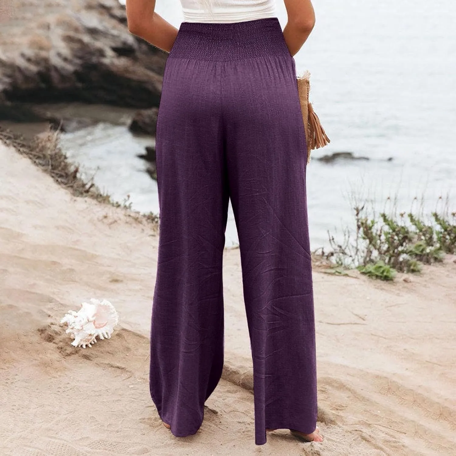 Smocked High Waisted Linen Pants Women Wide Leg Relaxed Fit Palazzo Pants with Pockets Vacation Beach Long Trousers