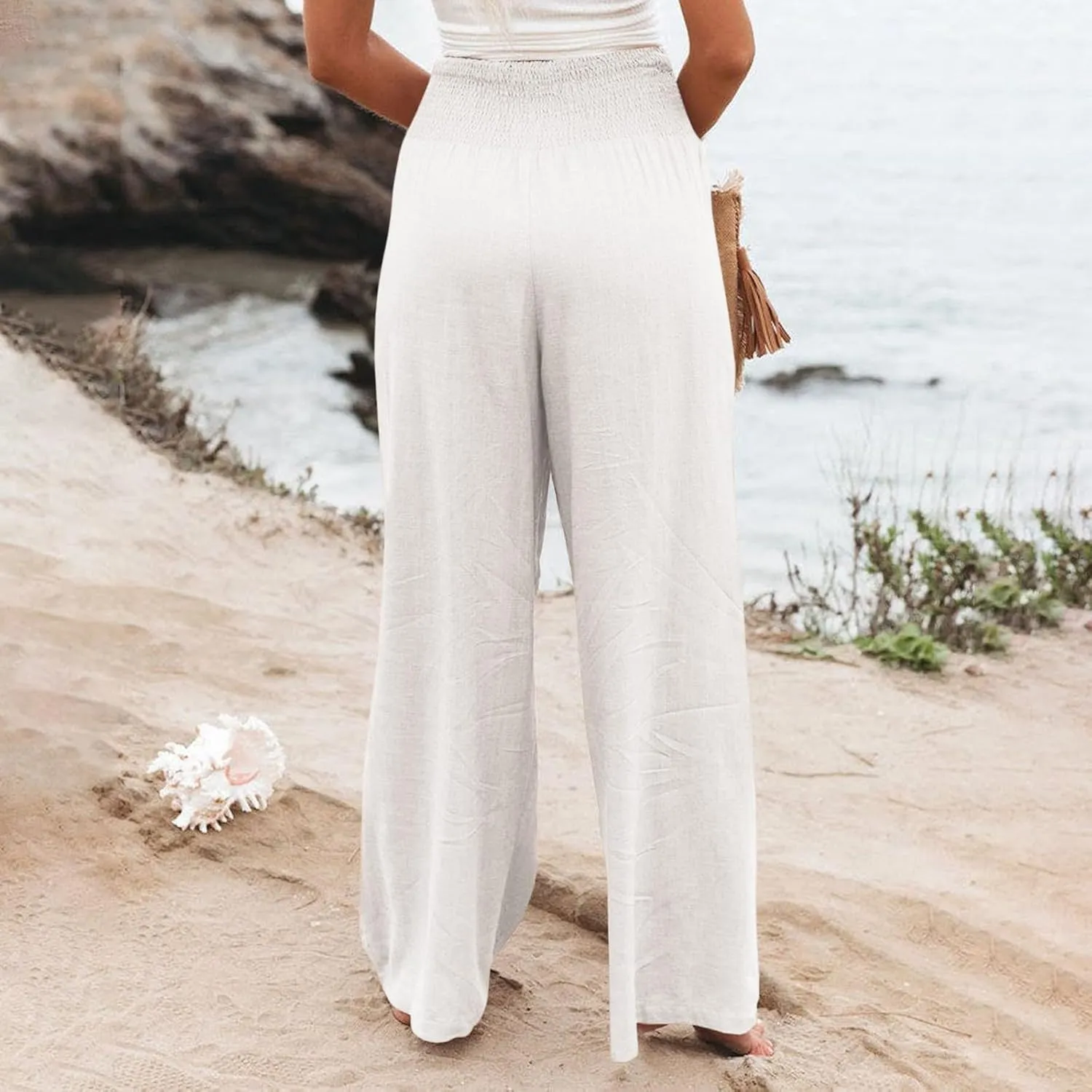 Smocked High Waisted Linen Pants Women Wide Leg Relaxed Fit Palazzo Pants with Pockets Vacation Beach Long Trousers