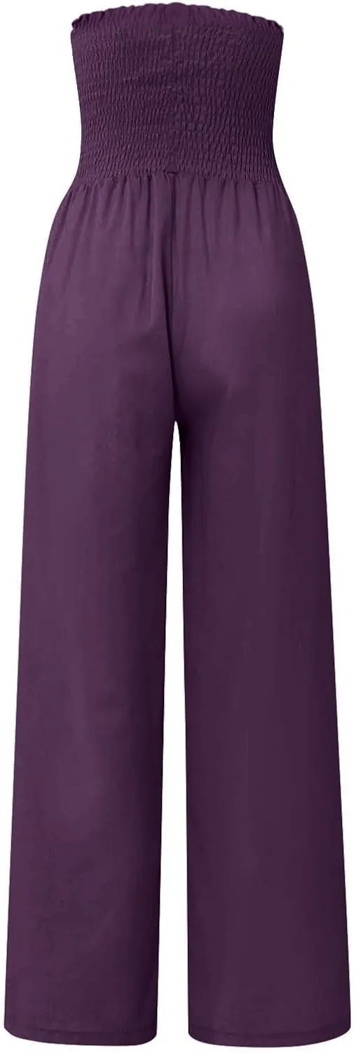 Smocked High Waisted Linen Pants Women Wide Leg Relaxed Fit Palazzo Pants with Pockets Vacation Beach Long Trousers