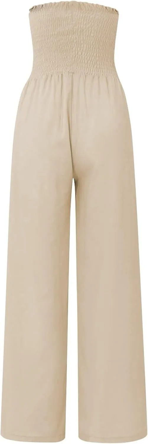 Smocked High Waisted Linen Pants Women Wide Leg Relaxed Fit Palazzo Pants with Pockets Vacation Beach Long Trousers