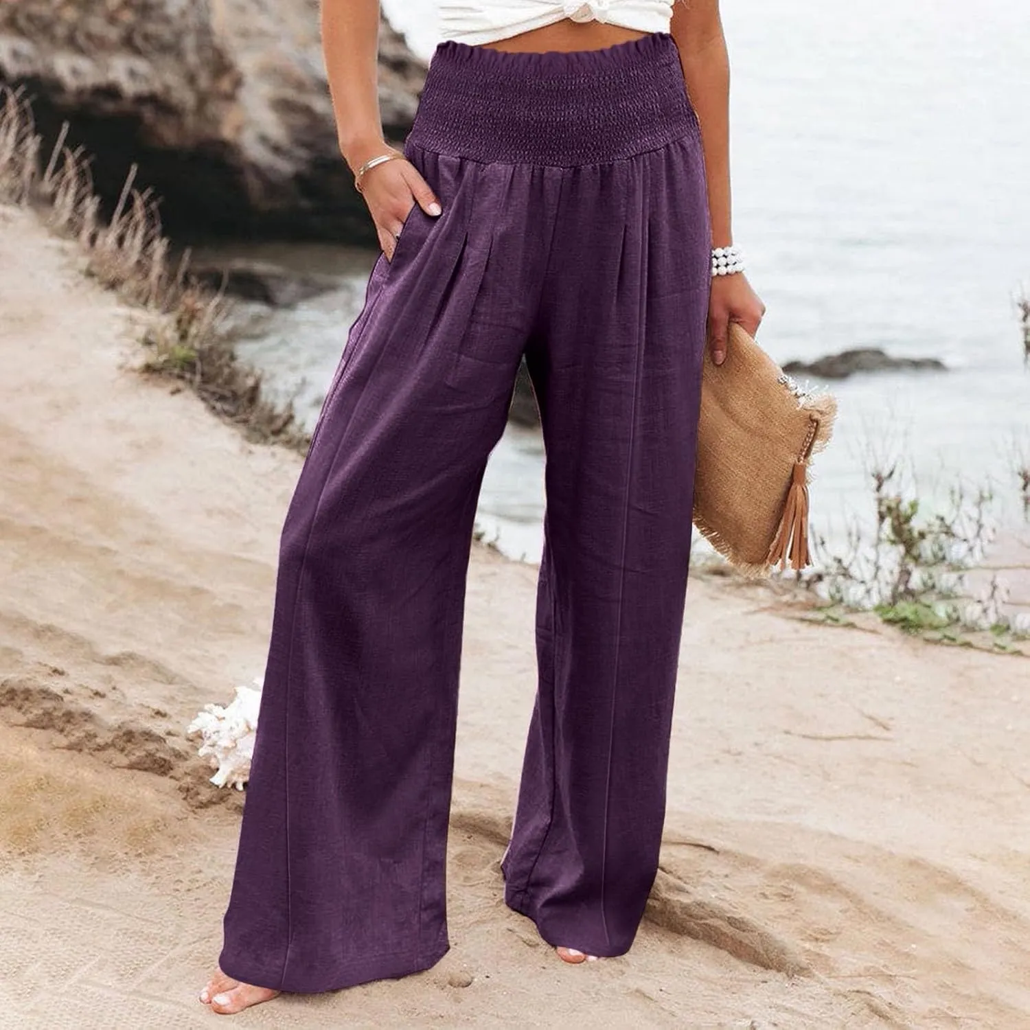 Smocked High Waisted Linen Pants Women Wide Leg Relaxed Fit Palazzo Pants with Pockets Vacation Beach Long Trousers