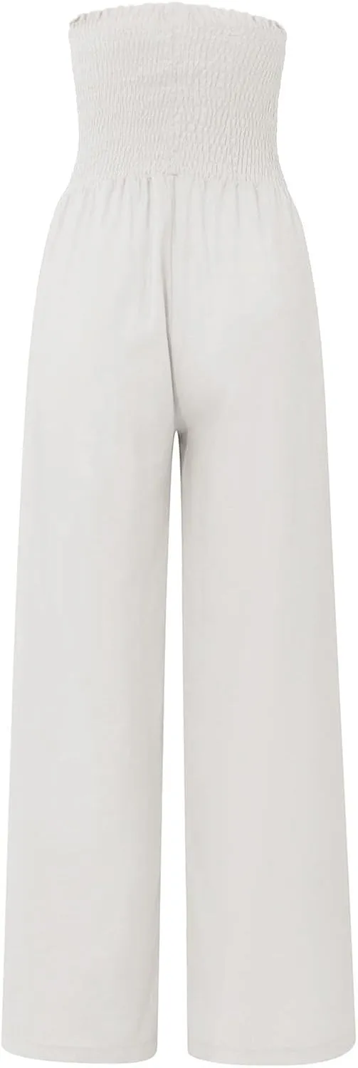 Smocked High Waisted Linen Pants Women Wide Leg Relaxed Fit Palazzo Pants with Pockets Vacation Beach Long Trousers