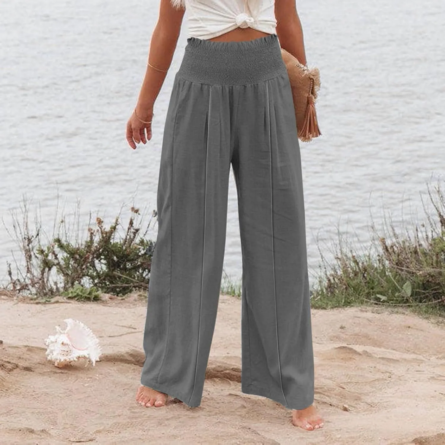 Smocked High Waisted Linen Pants Women Wide Leg Relaxed Fit Palazzo Pants with Pockets Vacation Beach Long Trousers