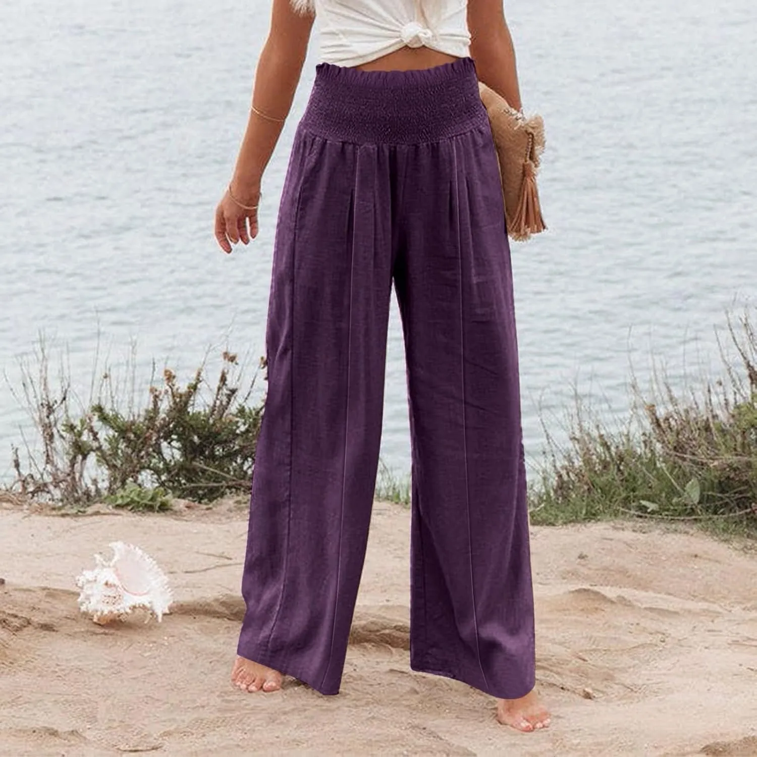 Smocked High Waisted Linen Pants Women Wide Leg Relaxed Fit Palazzo Pants with Pockets Vacation Beach Long Trousers