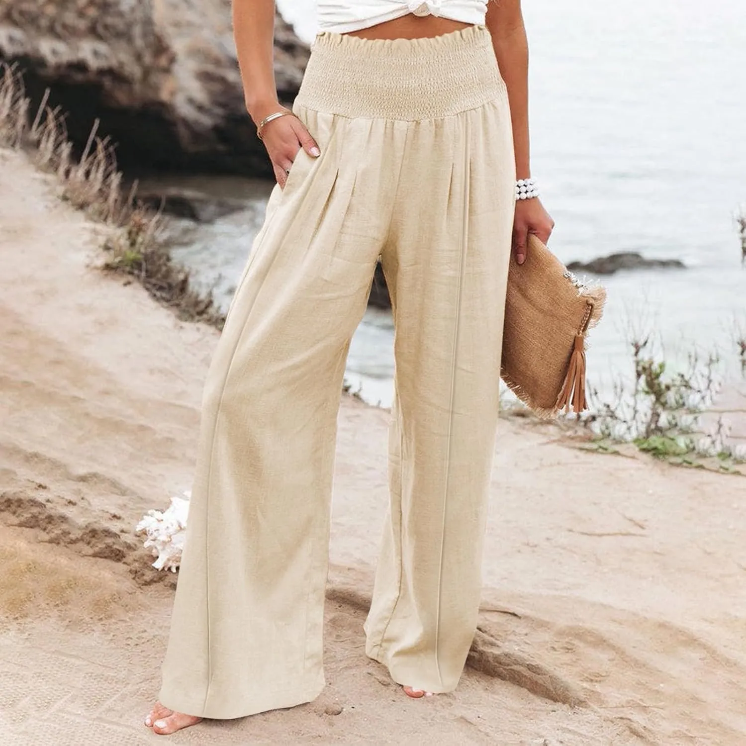 Smocked High Waisted Linen Pants Women Wide Leg Relaxed Fit Palazzo Pants with Pockets Vacation Beach Long Trousers