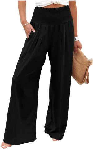 Smocked High Waisted Linen Pants Women Wide Leg Relaxed Fit Palazzo Pants with Pockets Vacation Beach Long Trousers