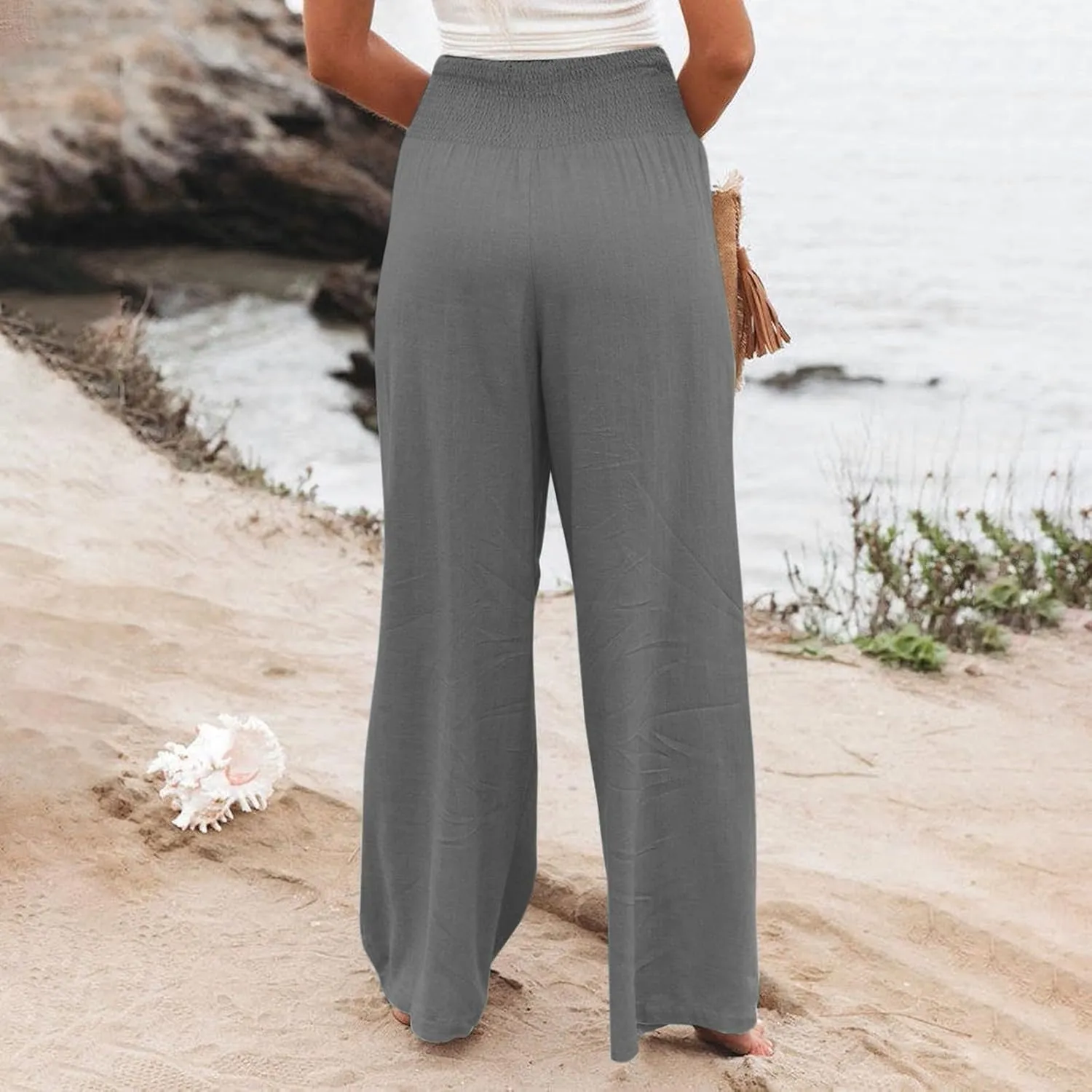 Smocked High Waisted Linen Pants Women Wide Leg Relaxed Fit Palazzo Pants with Pockets Vacation Beach Long Trousers