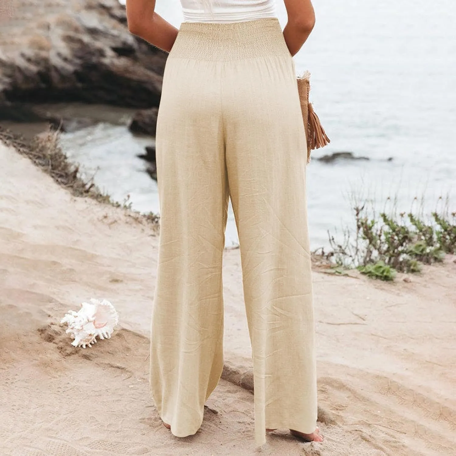 Smocked High Waisted Linen Pants Women Wide Leg Relaxed Fit Palazzo Pants with Pockets Vacation Beach Long Trousers