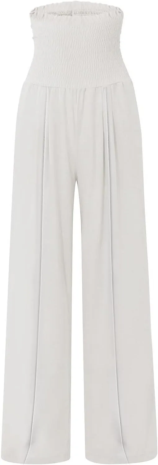 Smocked High Waisted Linen Pants Women Wide Leg Relaxed Fit Palazzo Pants with Pockets Vacation Beach Long Trousers