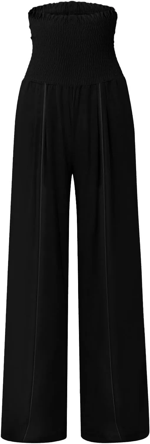 Smocked High Waisted Linen Pants Women Wide Leg Relaxed Fit Palazzo Pants with Pockets Vacation Beach Long Trousers