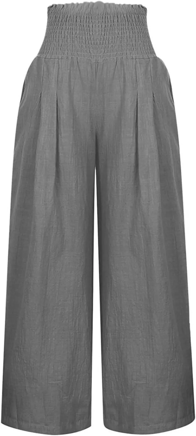 Smocked High Waisted Linen Pants Women Wide Leg Relaxed Fit Palazzo Pants with Pockets Vacation Beach Long Trousers
