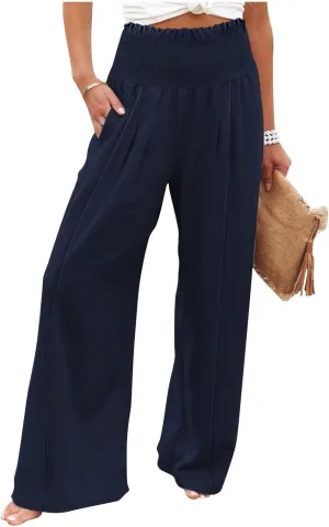 Smocked High Waisted Linen Pants Women Wide Leg Relaxed Fit Palazzo Pants with Pockets Vacation Beach Long Trousers