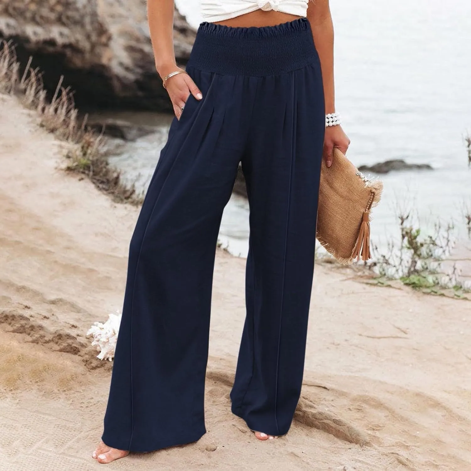 Smocked High Waisted Linen Pants Women Wide Leg Relaxed Fit Palazzo Pants with Pockets Vacation Beach Long Trousers
