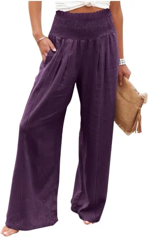Smocked High Waisted Linen Pants Women Wide Leg Relaxed Fit Palazzo Pants with Pockets Vacation Beach Long Trousers
