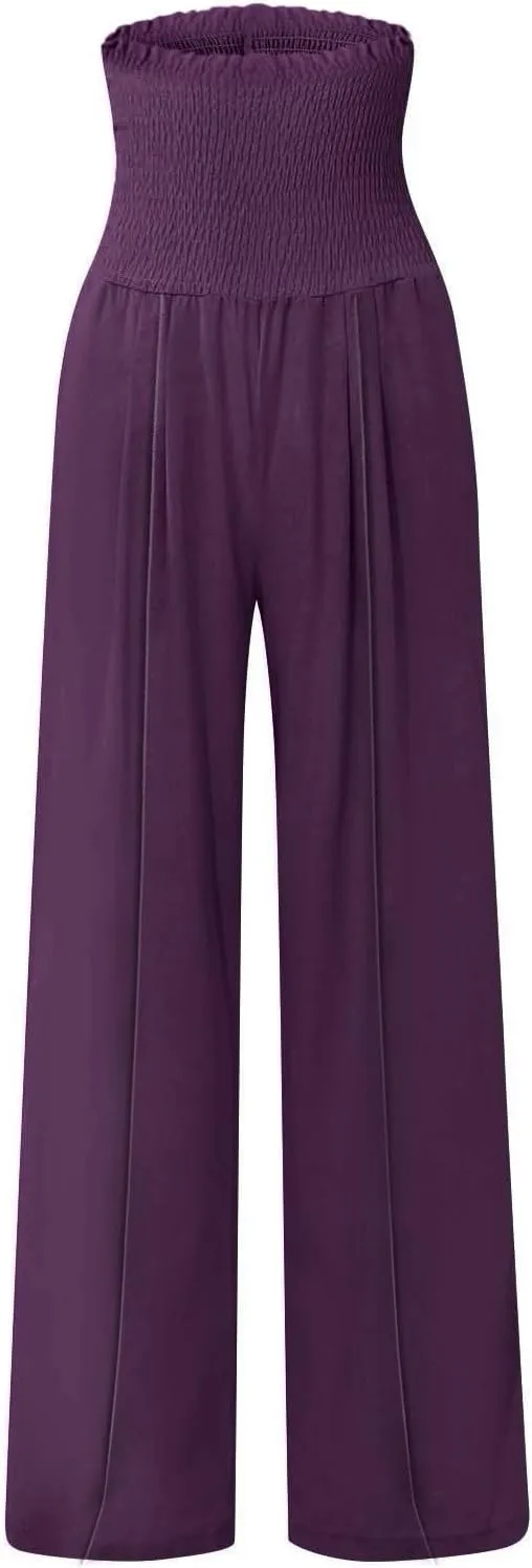 Smocked High Waisted Linen Pants Women Wide Leg Relaxed Fit Palazzo Pants with Pockets Vacation Beach Long Trousers