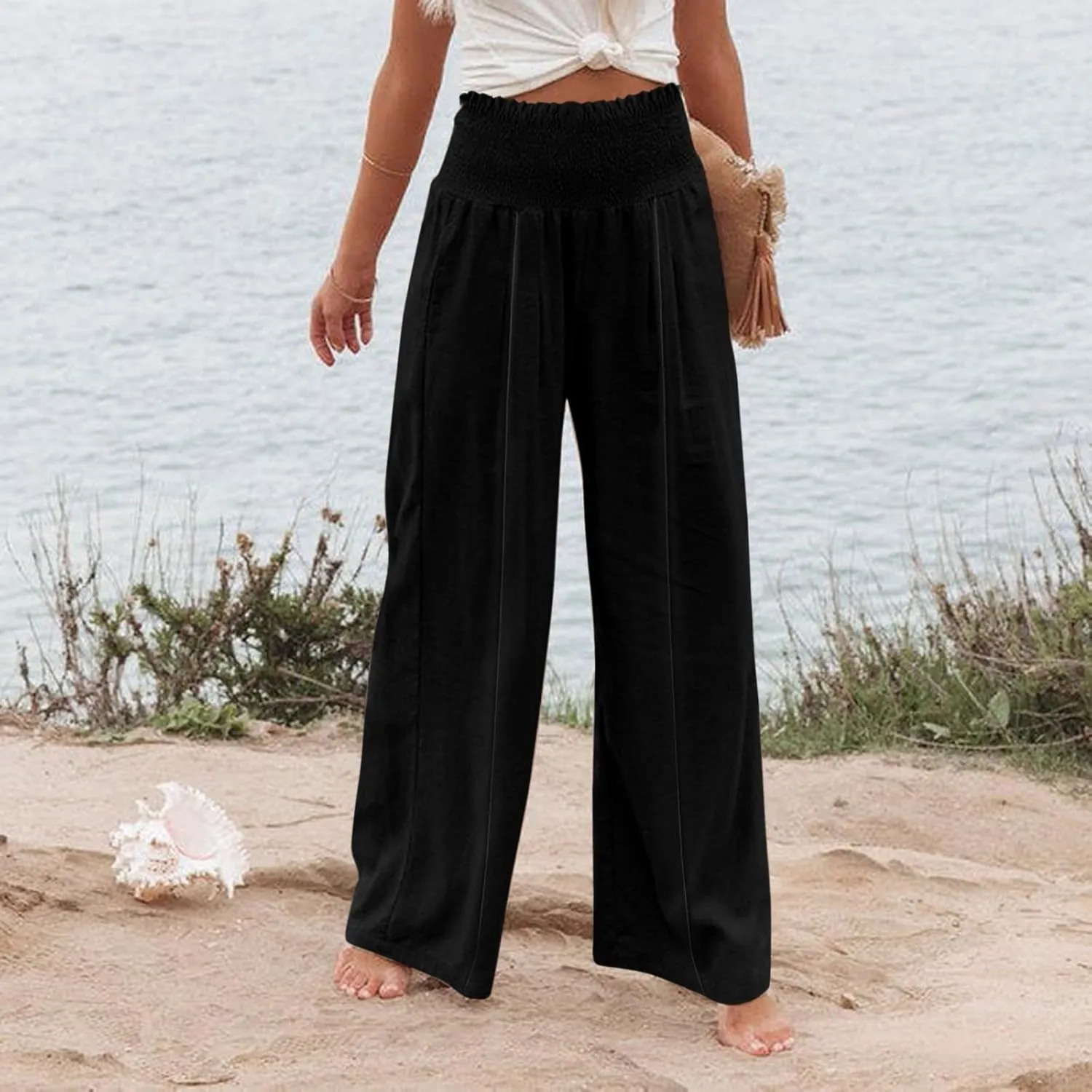 Smocked High Waisted Linen Pants Women Wide Leg Relaxed Fit Palazzo Pants with Pockets Vacation Beach Long Trousers