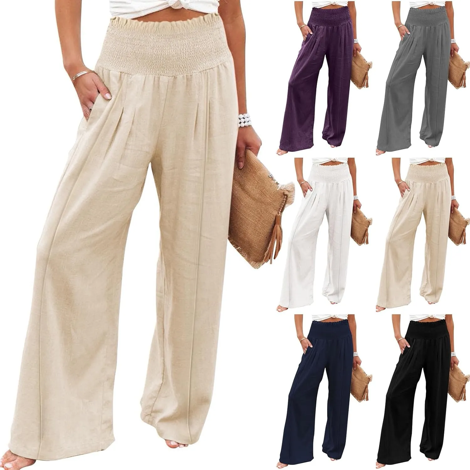 Smocked High Waisted Linen Pants Women Wide Leg Relaxed Fit Palazzo Pants with Pockets Vacation Beach Long Trousers
