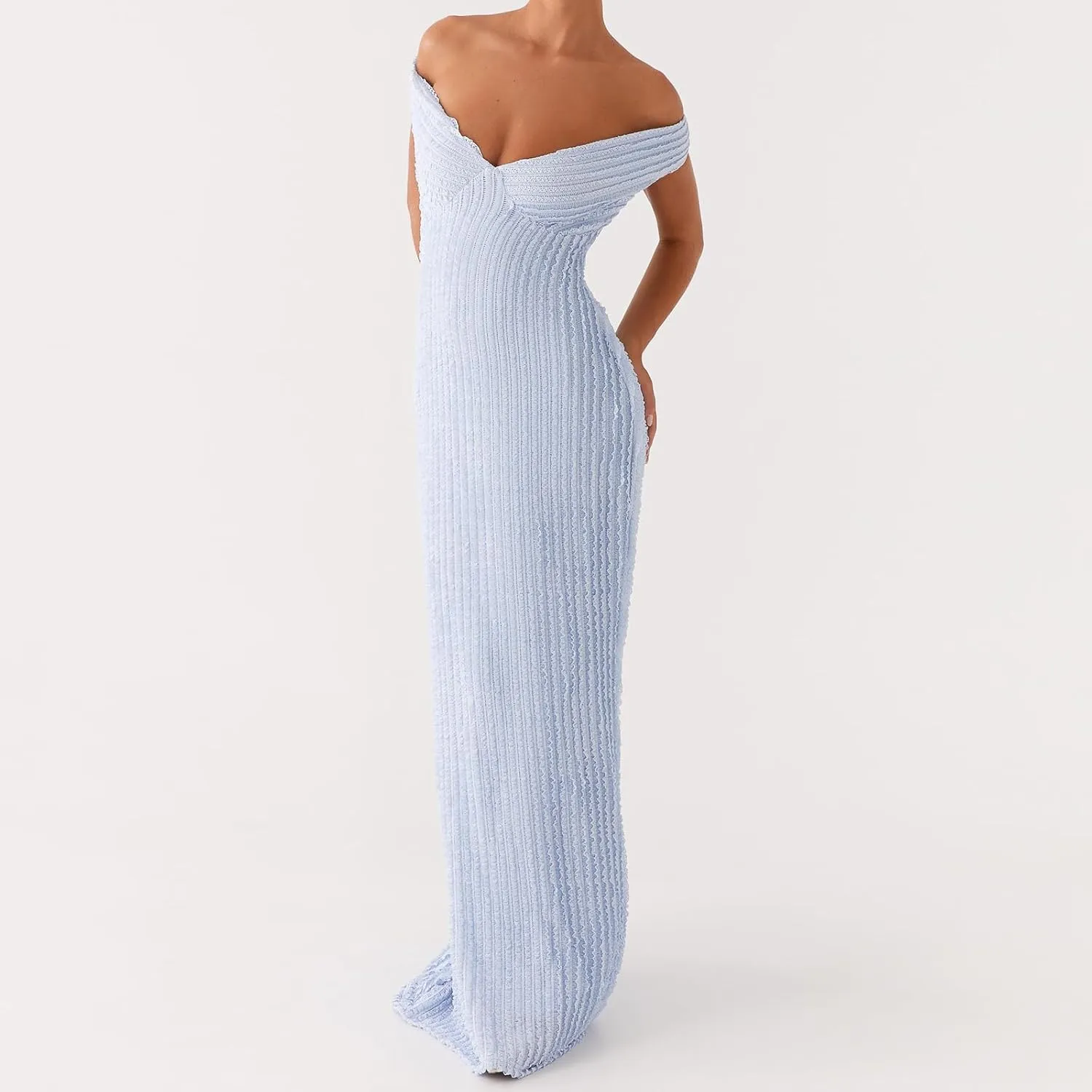 SOLILOQUY Women Elegant Off Shoulder Maxi Dress Ruched Underbust Tie-up Open Back Bodycon Long Dress Party Cocktal Evening
