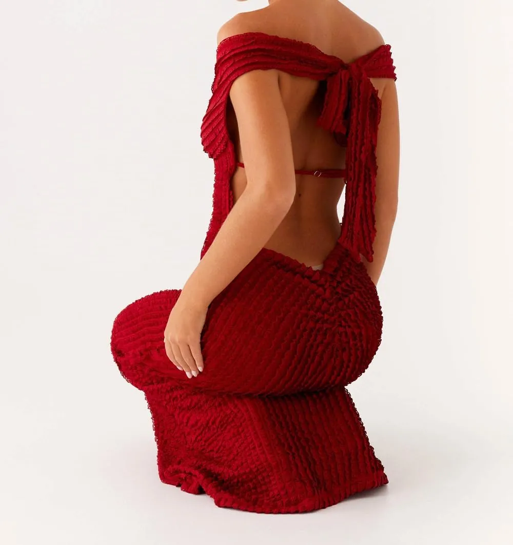 SOLILOQUY Women Elegant Off Shoulder Maxi Dress Ruched Underbust Tie-up Open Back Bodycon Long Dress Party Cocktal Evening