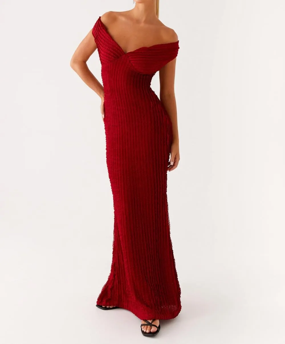 SOLILOQUY Women Elegant Off Shoulder Maxi Dress Ruched Underbust Tie-up Open Back Bodycon Long Dress Party Cocktal Evening
