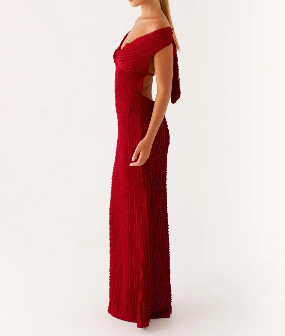 SOLILOQUY Women Elegant Off Shoulder Maxi Dress Ruched Underbust Tie-up Open Back Bodycon Long Dress Party Cocktal Evening