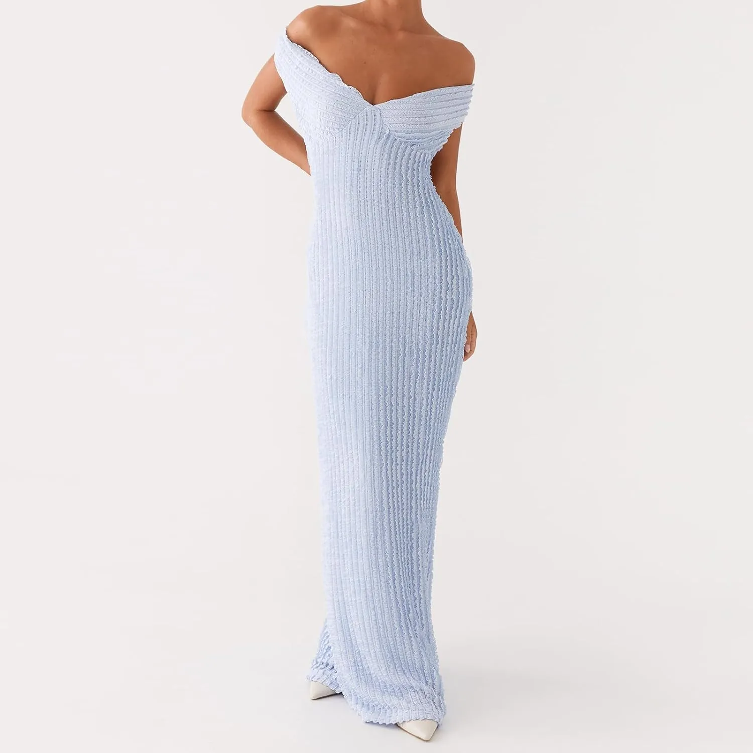 SOLILOQUY Women Elegant Off Shoulder Maxi Dress Ruched Underbust Tie-up Open Back Bodycon Long Dress Party Cocktal Evening