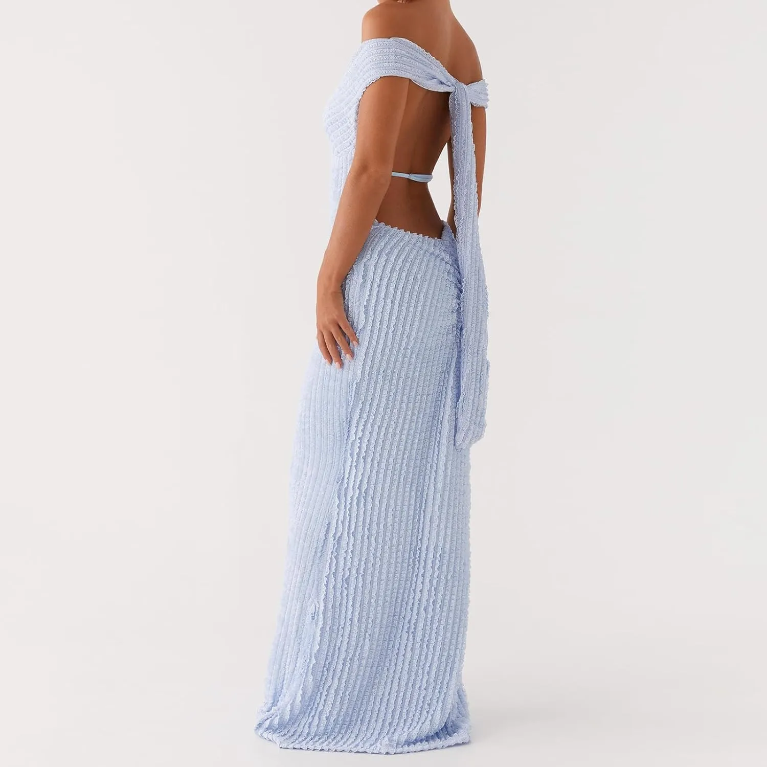 SOLILOQUY Women Elegant Off Shoulder Maxi Dress Ruched Underbust Tie-up Open Back Bodycon Long Dress Party Cocktal Evening