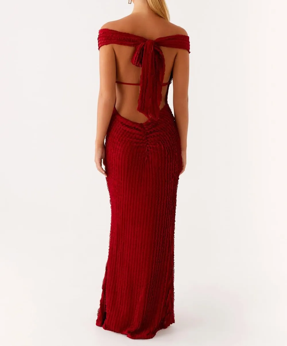 SOLILOQUY Women Elegant Off Shoulder Maxi Dress Ruched Underbust Tie-up Open Back Bodycon Long Dress Party Cocktal Evening
