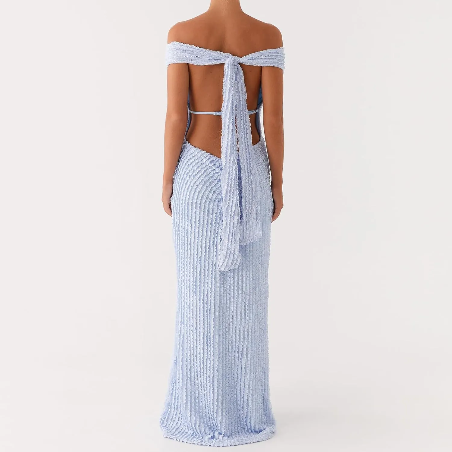 SOLILOQUY Women Elegant Off Shoulder Maxi Dress Ruched Underbust Tie-up Open Back Bodycon Long Dress Party Cocktal Evening