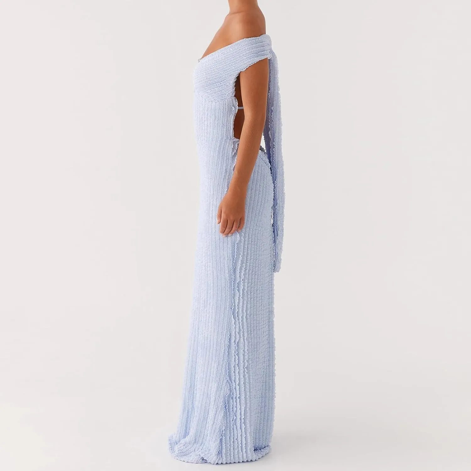 SOLILOQUY Women Elegant Off Shoulder Maxi Dress Ruched Underbust Tie-up Open Back Bodycon Long Dress Party Cocktal Evening