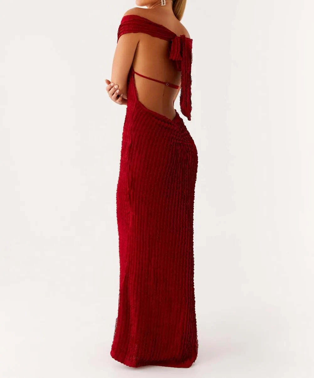 SOLILOQUY Women Elegant Off Shoulder Maxi Dress Ruched Underbust Tie-up Open Back Bodycon Long Dress Party Cocktal Evening