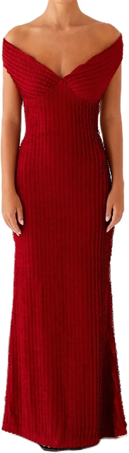 SOLILOQUY Women Elegant Off Shoulder Maxi Dress Ruched Underbust Tie-up Open Back Bodycon Long Dress Party Cocktal Evening
