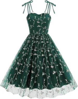 Spaghetti Strap Floral Embroidered Dress for Women Wedding Guest Tea Party Dress for Woman Tulle Prom Formal Cocktail Dress
