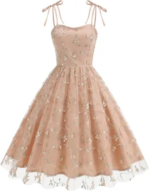 Spaghetti Strap Floral Embroidered Dress for Women Wedding Guest Tea Party Dress for Woman Tulle Prom Formal Cocktail Dress